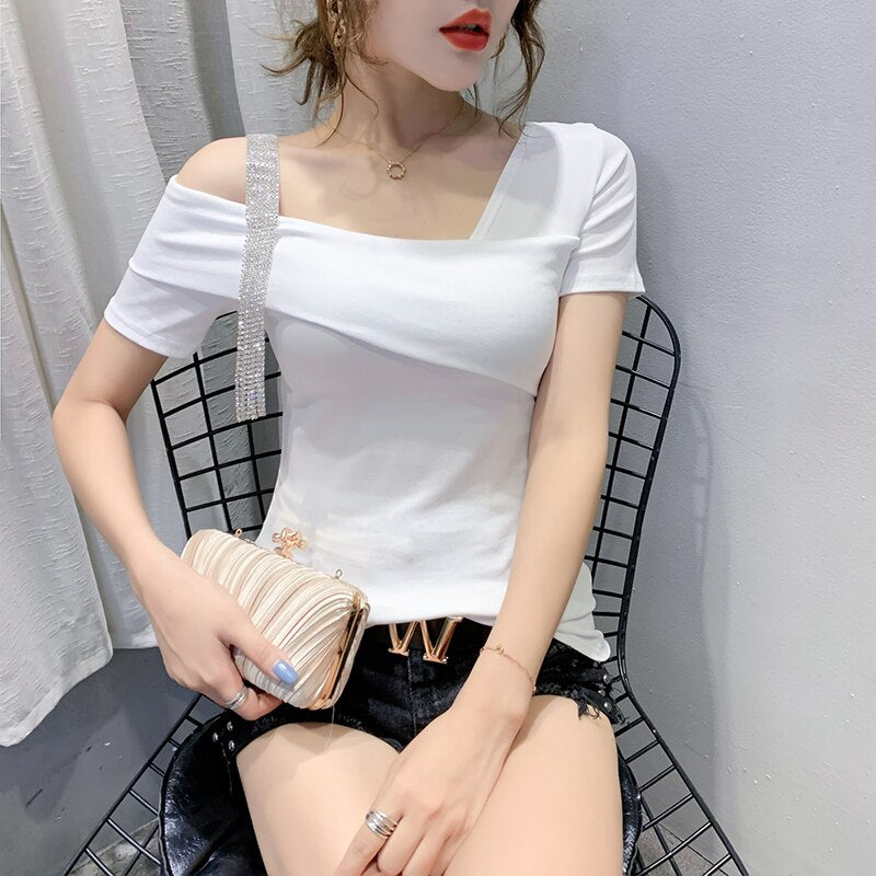 European Clothes Fashion Asymmetrical Hollow Out T-shirt Women 2020 New Summer Back Tops Ropa Mujer Bottoming Shirt Tees T02210