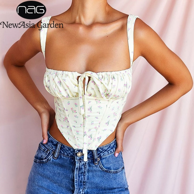 Floral Corset Women Sweet Print Hollow Up Tie Up Sexy Crop Top
