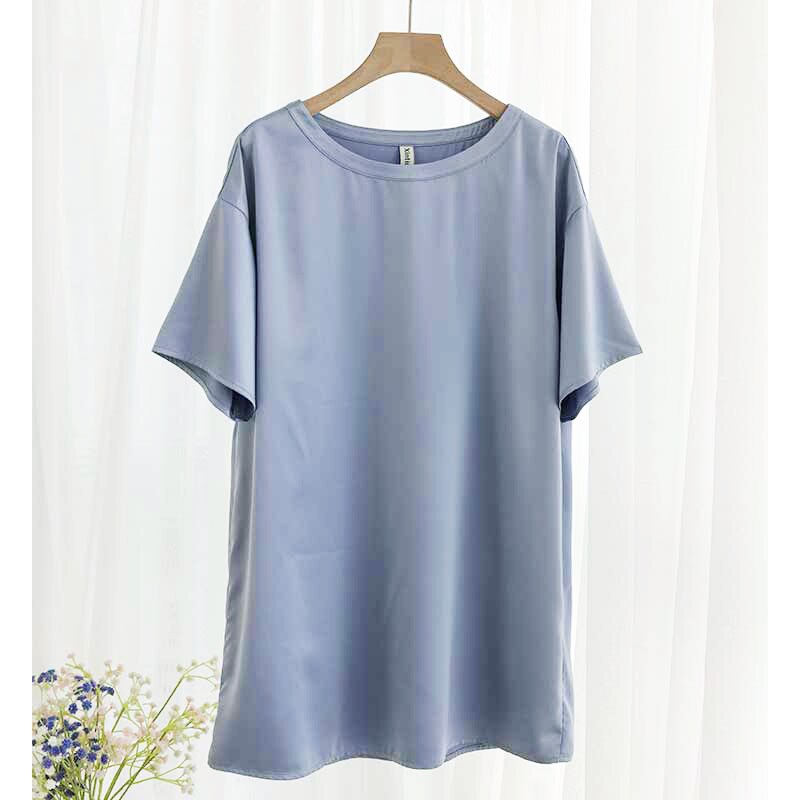 Oversize Satin Women Long T-Shirts Fashion Casual Loose O Neck