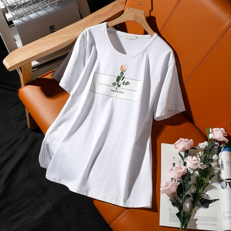 T-shirt female summer new rose printing round neck