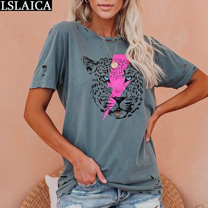 Tshirt Short Sleeve O-Neck Tops Women 2020 Tiger Head Print Casual Shirts Women Lightning Print Clothes Fashion T-shirt Femme