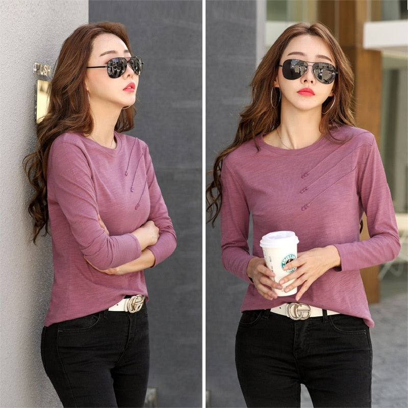 Long sleeve Women Bamboo cotton Casual T-shirt Female Loose