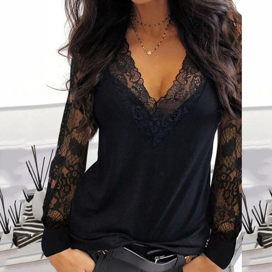 Casual V-neck Lace Long Sleeve T-shirt for Women Spring Winter