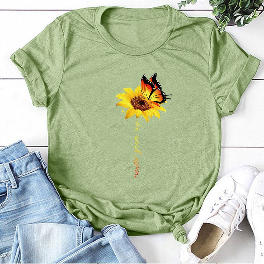 Aesthetic Cotton T Shirt Women Harajuku Graphic Tees Shirt Femme Sun Flower Butterfly White Women's T-shirt Never Give Up Tshirt