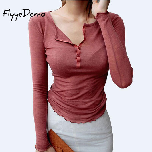 Sexy V Neck Full Sleeve Shirt Women Thin Knit Shirts