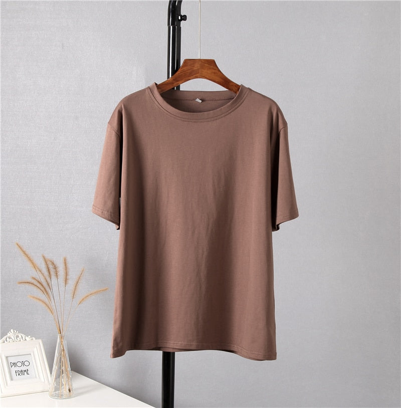 WYWM Summer Women Basic Loose T Shirt Solid Color Oversized Cotton Harajuku Short Sleeve Knitted Tees Korean Casual Female Tops