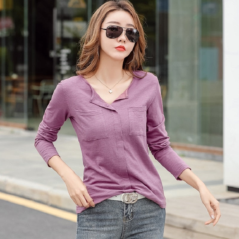 New 2021 Cotton Casual Two Pockets V-Neck T Shirts Women Spring Winter Long Sleeve Coffee Purple T Shirt Female Solid Color Tops