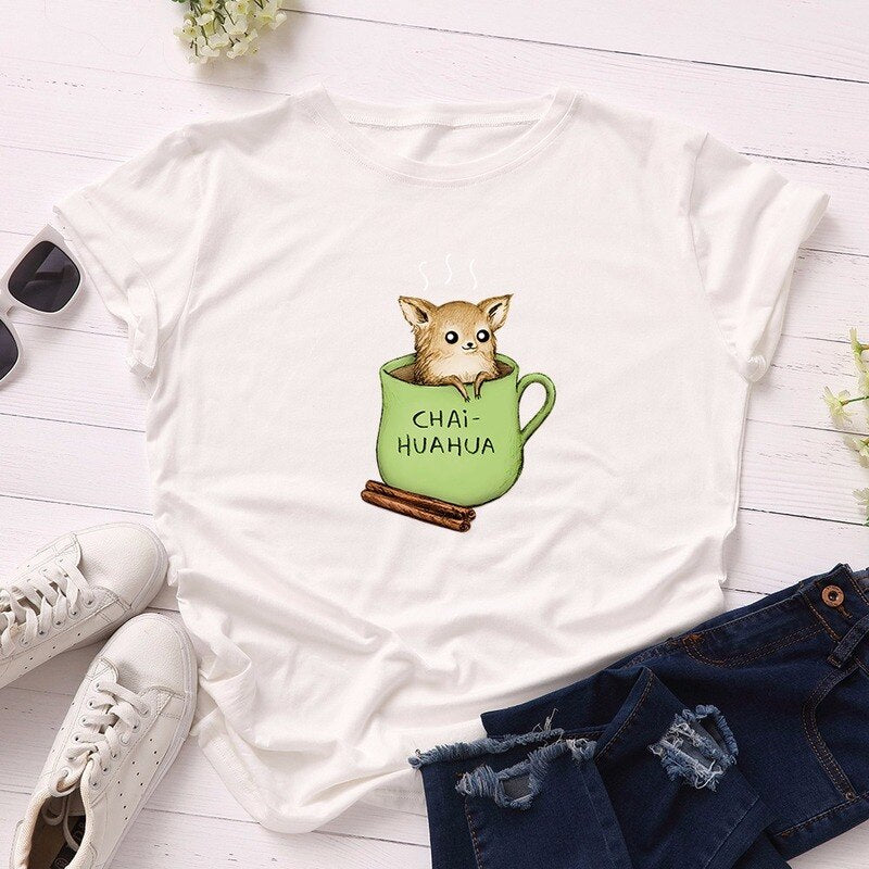 Women T-Shirt Summer Cotton Short Sleeve Cartoon Cute Dog