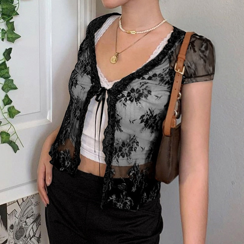 Brown Mesh Transparent Tshirt Women Lace Up Cardigan Tops