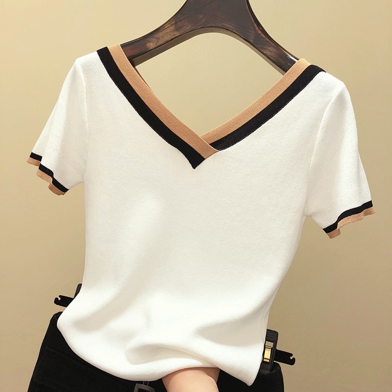 V-Neck T Shirt Women Tshirt Contrast Color Striped Knitted