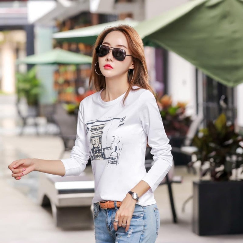 Comic printing Autumn Loose women T Shirt Winter O-Neck Full Sleeve Cotton fashion T-Shirts feminine Green Casual Soft Tops