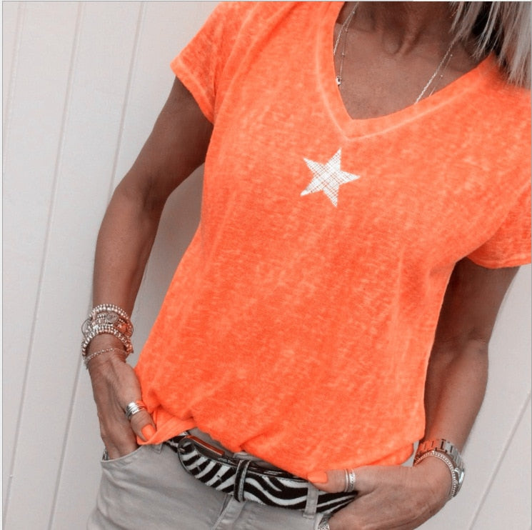 Summer T Shirt Women Casual V-Neck T-shirts Female Short Sleeve