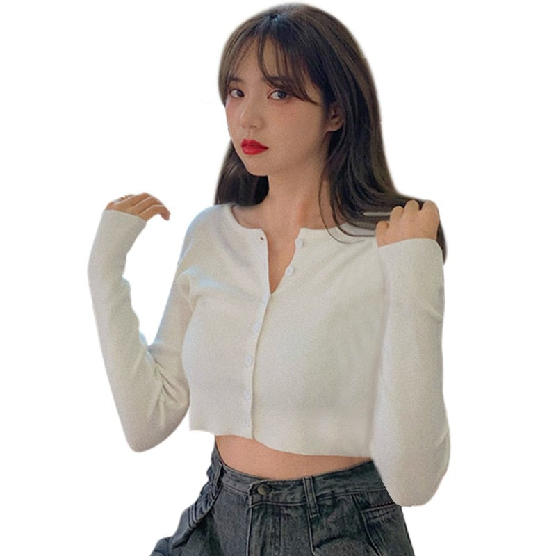 Thin Women's Knitted Cardigan Sexy Solid Color T-shirt Crop