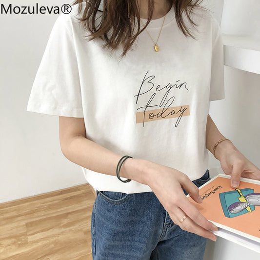 Casual O-neck Letter Print Women T-shirt Summer Short Sleeve