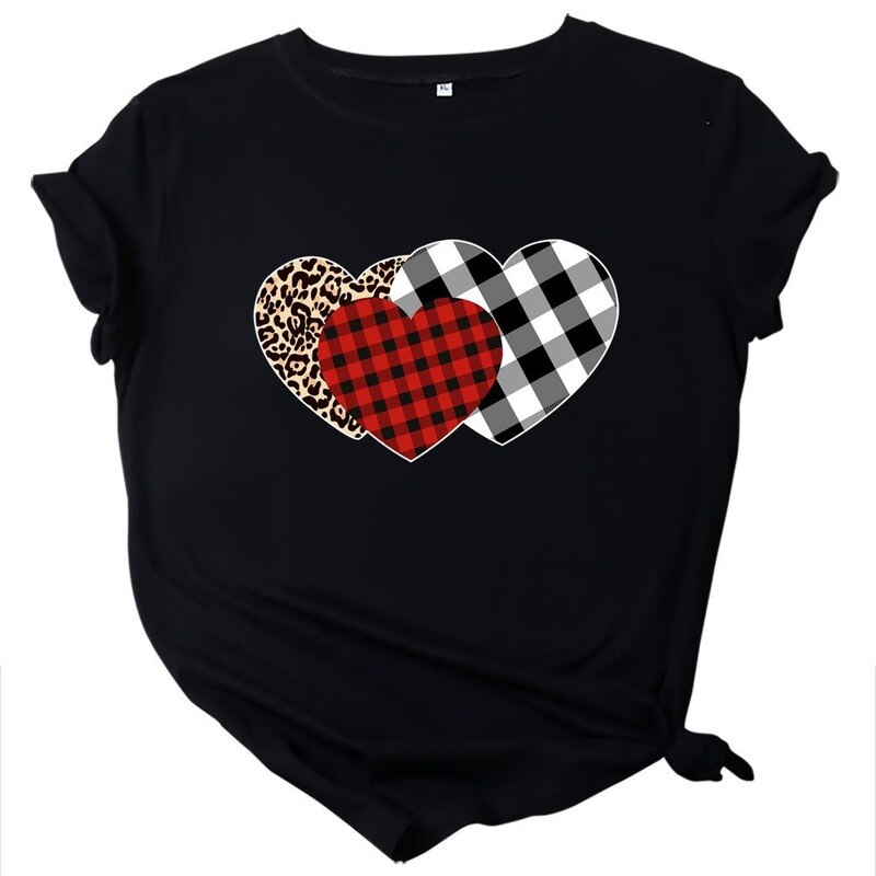 JCGO Summer Women T Shirt Cotton Plus Size 5XL Cute Plaid Heart Print Graphic Tees Tops Short Sleeve O-Neck Casual Woman Tshirts