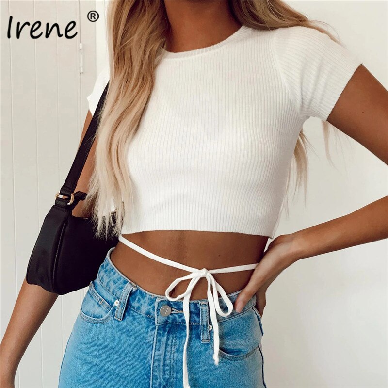 Irene O Neck Long Sleeve Shirt Women Ribbed Sexy Cropped