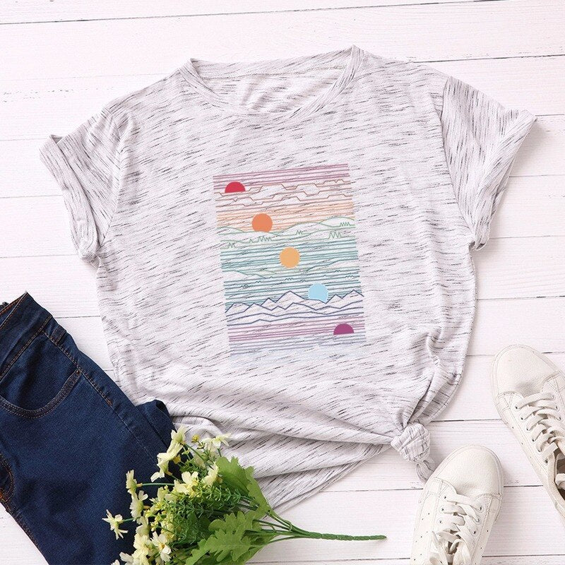 Summer Women tshirt Cotton Plus Size 5XL Casual Fashion Short Sleeve Sunrise Graphic Print t shirt Funny Women Tee Tops