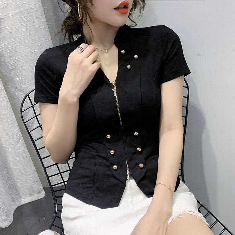 Summer Korean Clothes T-shirt Vintage Zipper Women Tops Ropa Mujer Shirt Short Sleeve Button Tees New Black White