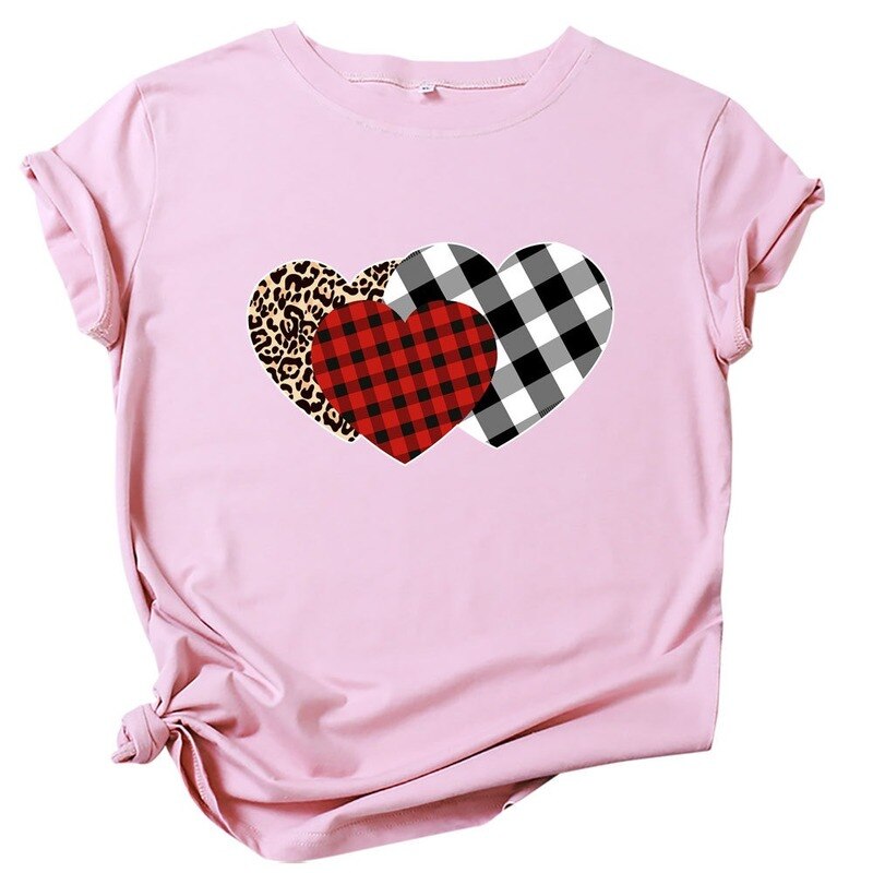 JCGO Summer Women T Shirt Cotton Plus Size 5XL Cute Plaid Heart Print Graphic Tees Tops Short Sleeve O-Neck Casual Woman Tshirts