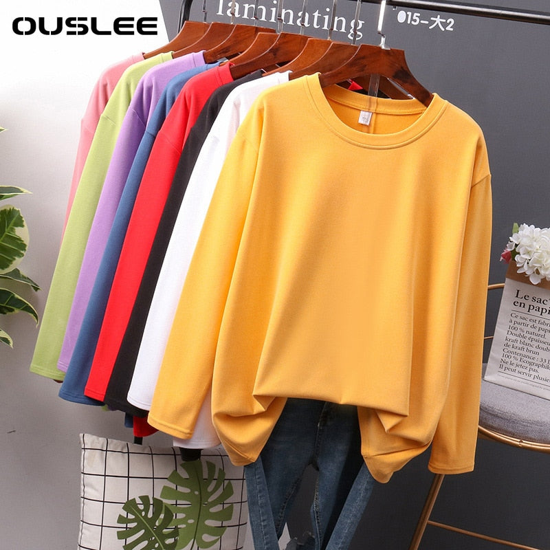 OUSLEE Cotton Long Sleeve T Shirt Women Casual Basic Women's T-shirts Solid Colors Top Female Fashion Korean Tee Shirt Plus Size