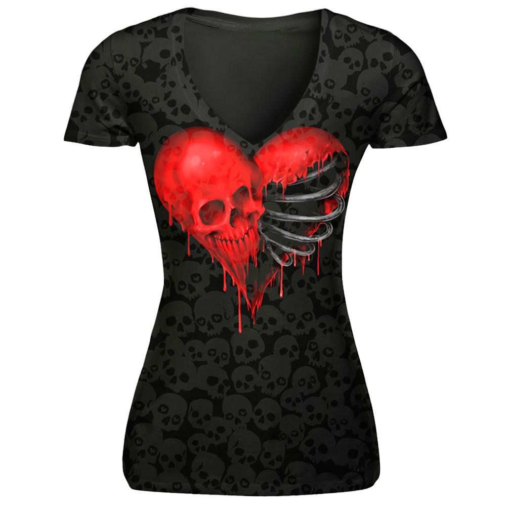 Free Shipping T-shirt Women Casual Comfortable V-neck Shirts Women Top Tees Red Mouth Black Skull Prints Short Sleeve