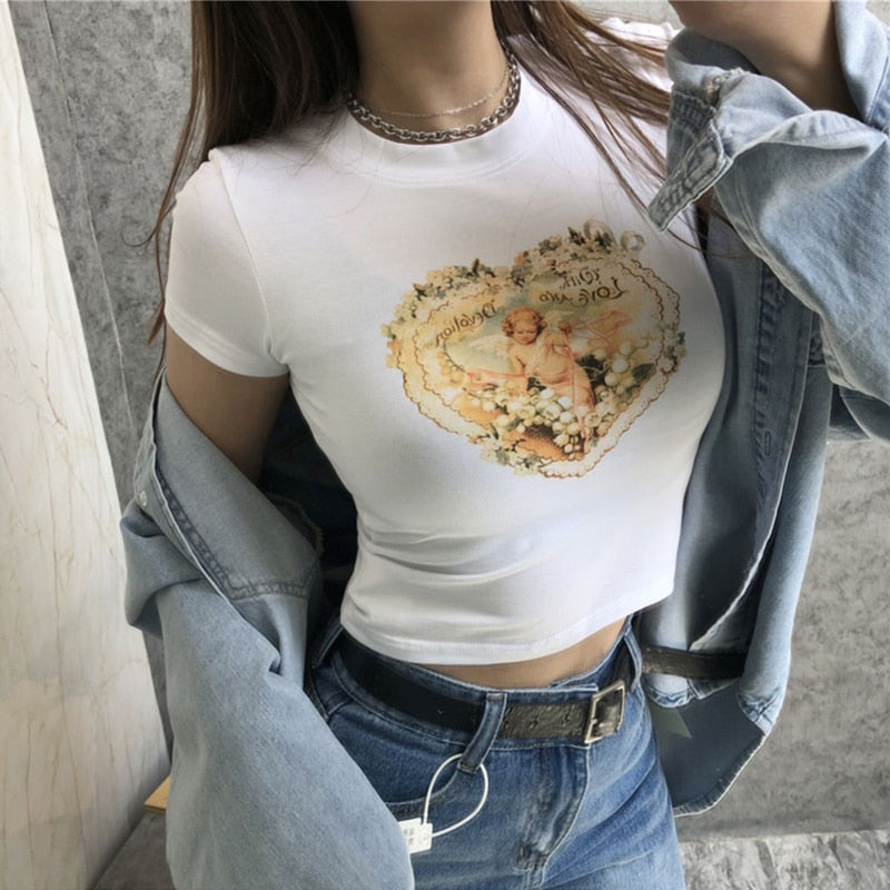 Angel Printed Women Korean High Waist Short Sleeve T Shirts