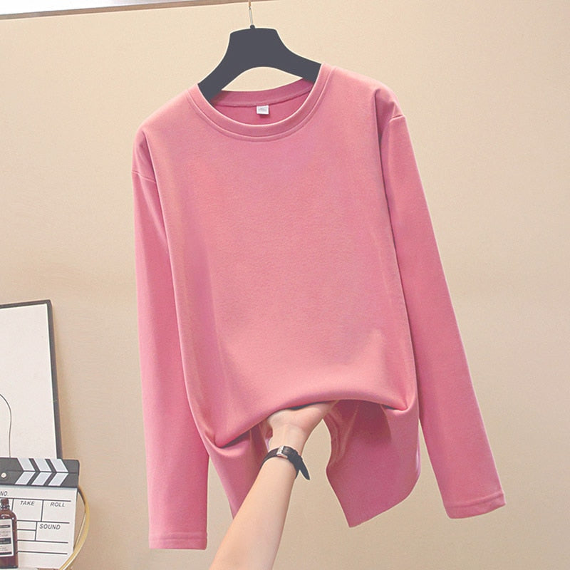 OUSLEE Cotton Long Sleeve T Shirt Women Casual Basic Women's T-shirts Solid Colors Top Female Fashion Korean Tee Shirt Plus Size