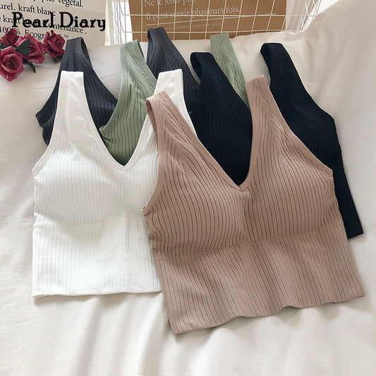 Pearl Diary Bra Tops Summer V Neck Rib Crop Tank Top