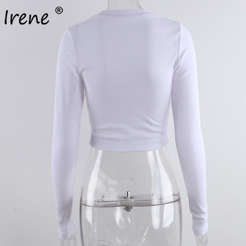 Irene O Neck Long Sleeve Shirt Women Ribbed Sexy Cropped