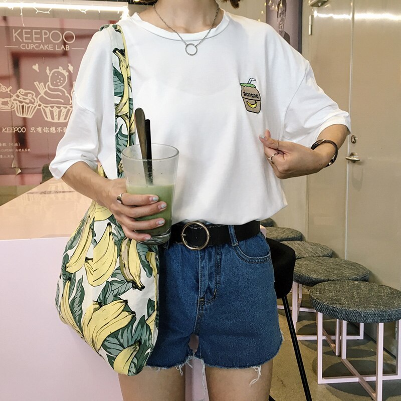 Summer New Cute Banana Milk Embroidered Simple All Match Short Sleeve Female T-shirts