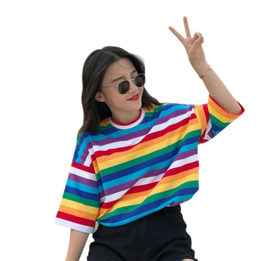 T Shirt Women Rainbow Striped Tops Harajuku Short Sleeve