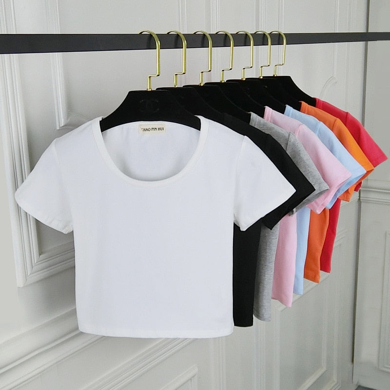 Summer Casual Solid Female Cotton T-Shirt Short Sleeve Round Neck