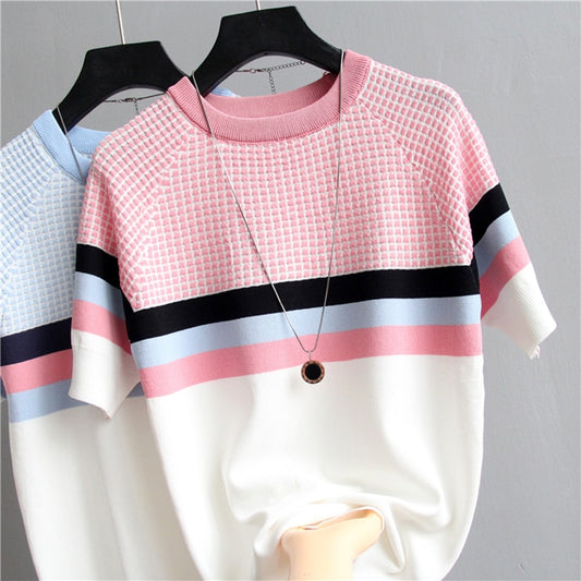 Plaid T Shirt Women Striped Tshirt Knitted Cotton Korean