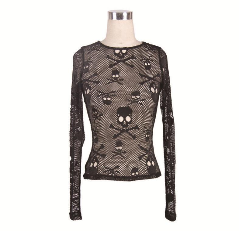 2020 Summer Women Sexy Fashion Casual Long Sleeve O Neck skull halloween base shirt halloween Skeleton undershirt Black T-shirt