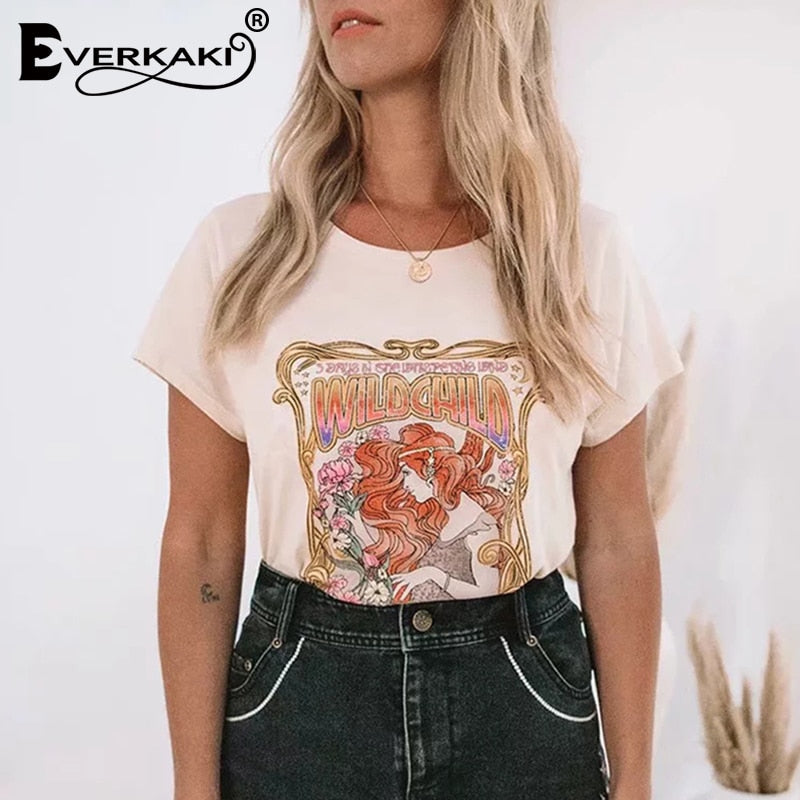 Everkaki Boho Gypsy Girl Print T-shirt Tops Retro Cotton