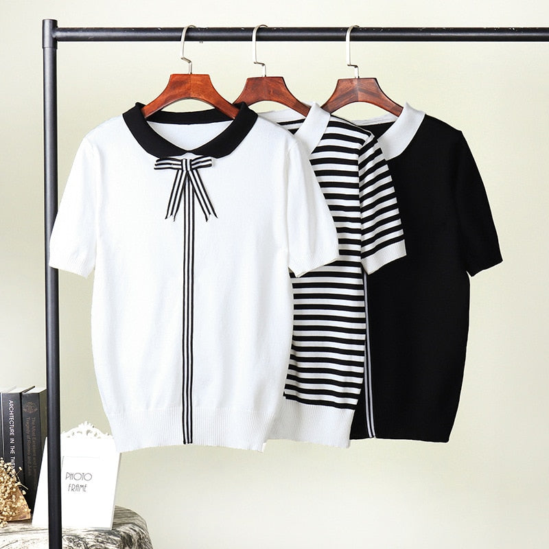 New Women Knitted Summer Stripe T Shirt