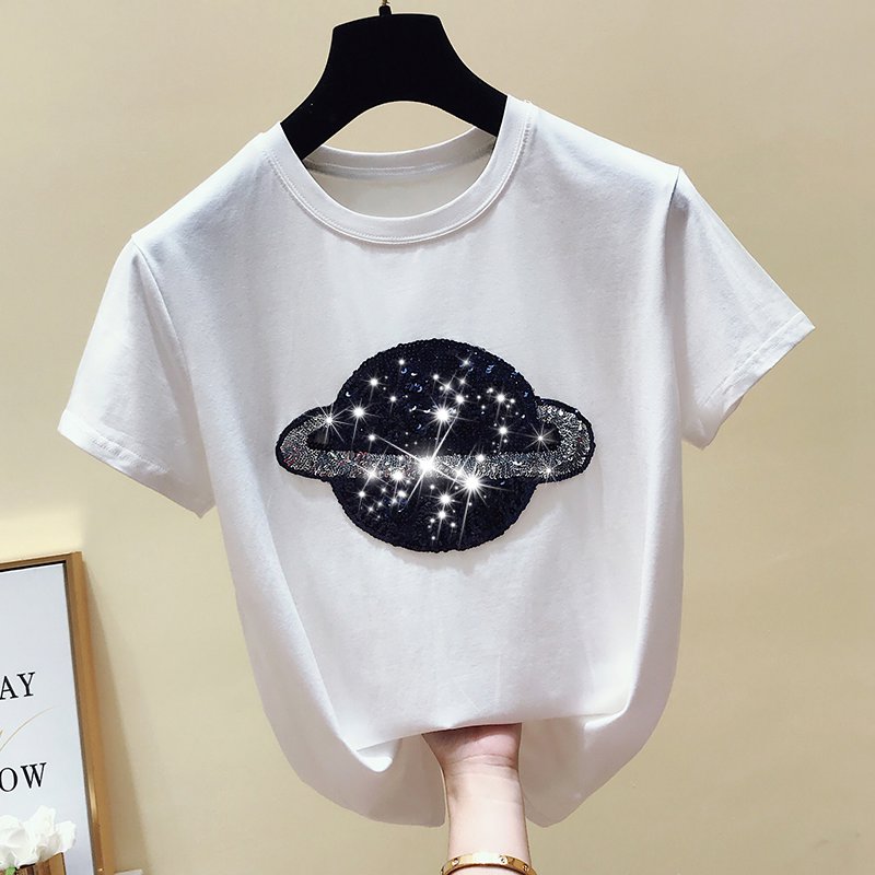gkfnmt Cotton White Tshirt Women Tops Sequin Fashion Short Sleeve Vintage Female T-shirt Casual Black Tee Shirt Femme Summer