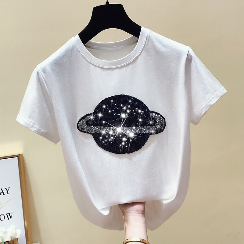 gkfnmt Cotton White Tshirt Women Tops Sequin Fashion Short Sleeve Vintage Female T-shirt Casual Black Tee Shirt Femme Summer