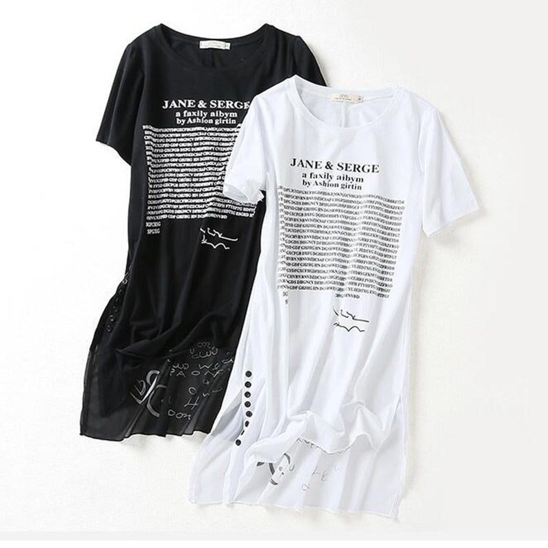 Summer Long T shirt Women Letter Black White T-shirt Sexy Short