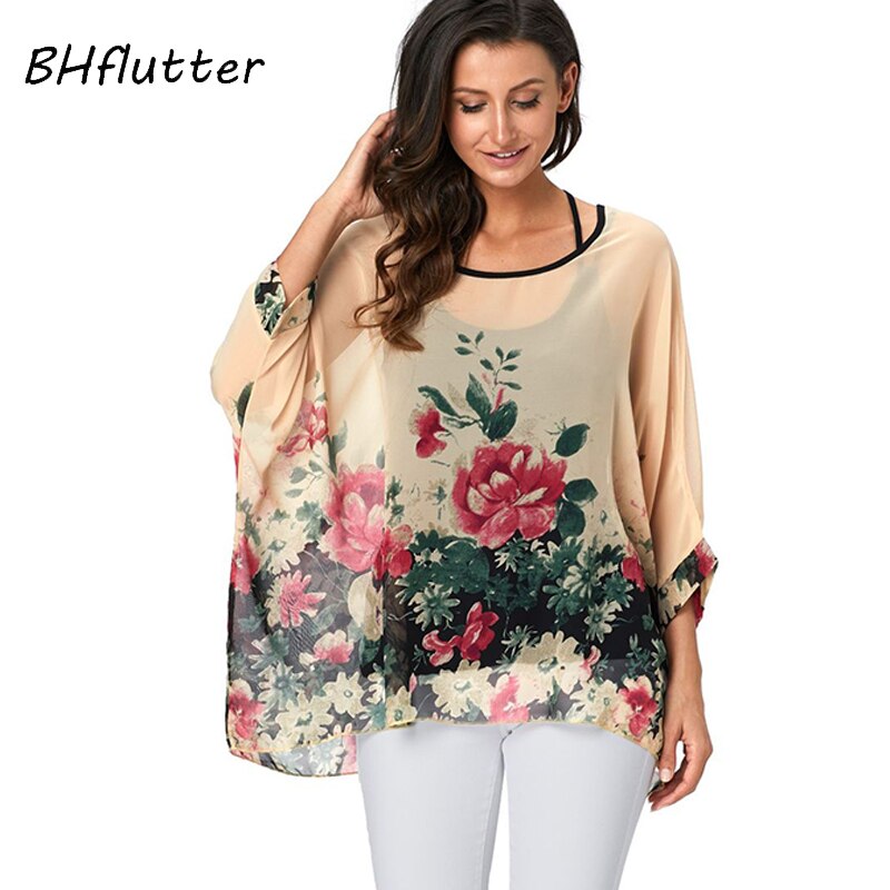 Plus Size Blouse Women Chic Floral Print Chiffon Blouses