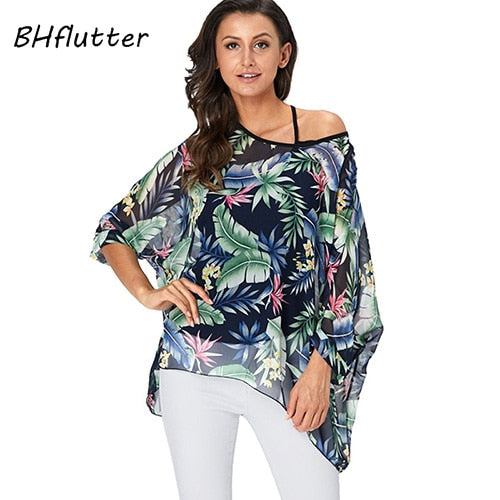 Plus Size Blouse Women Chic Floral Print Chiffon Blouses