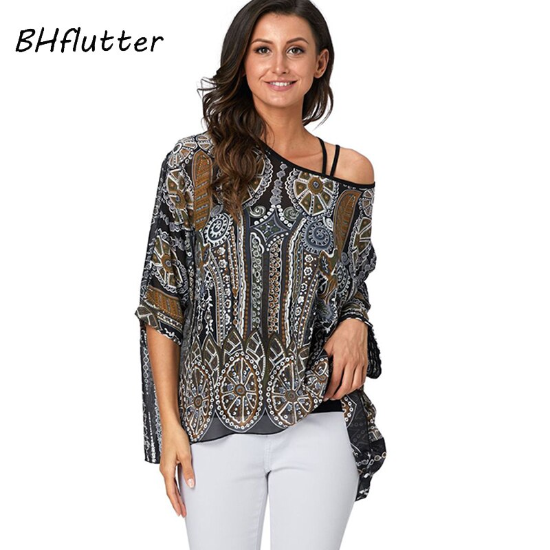 Plus Size Blouse Women Chic Floral Print Chiffon Blouses