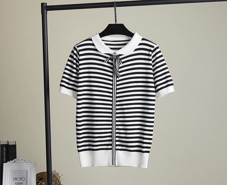 New Women Knitted Summer Stripe T Shirt