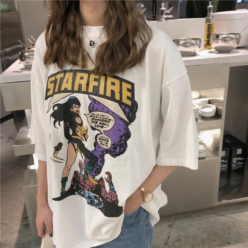 Simple Cartoon Character Printed Casual Vintage Basic All Match Cotton 2019 New Summer Fashion Short Sleeve O-neck T-shirts