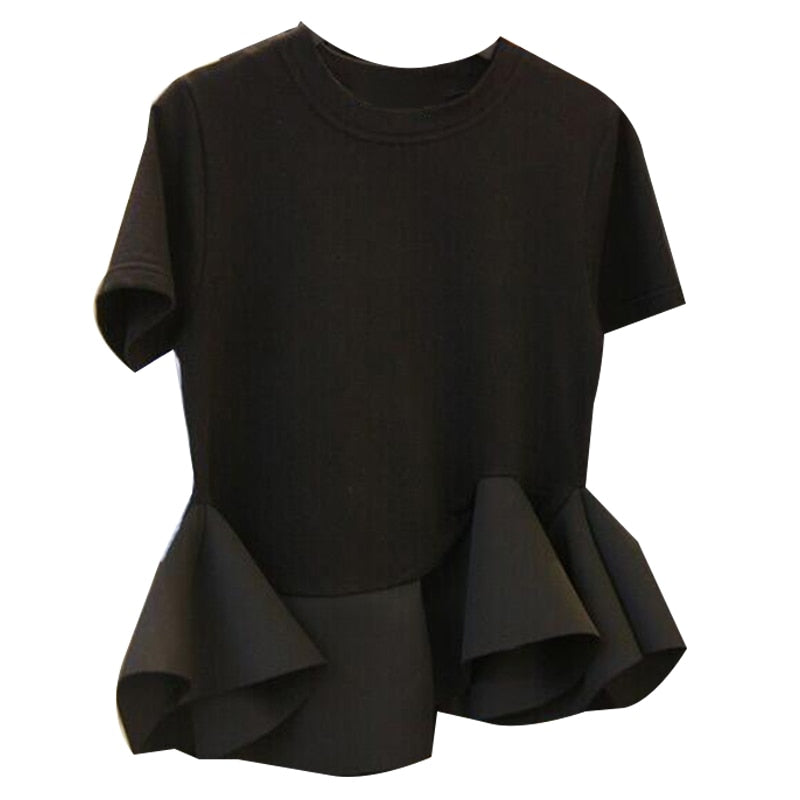 Black Stitching Ruffled Short-Sleeved T-Shirt Women's Summer Dress New Korean Office Lady Student Chic Tees GD007