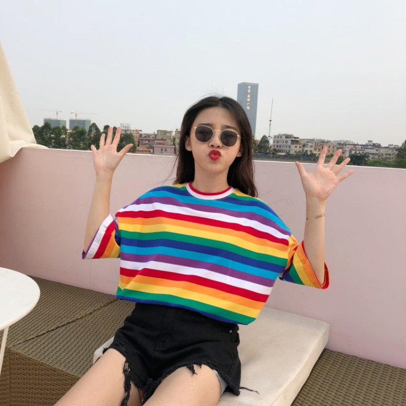 T Shirt Women Rainbow Striped Tops Harajuku Short Sleeve