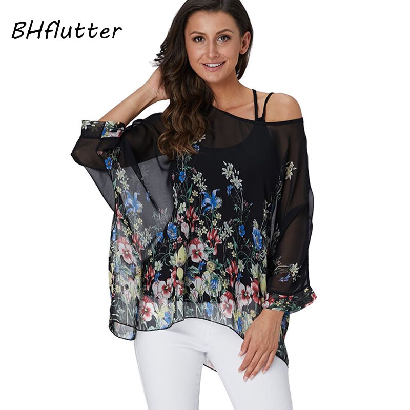 Plus Size Blouse Women Chic Floral Print Chiffon Blouses