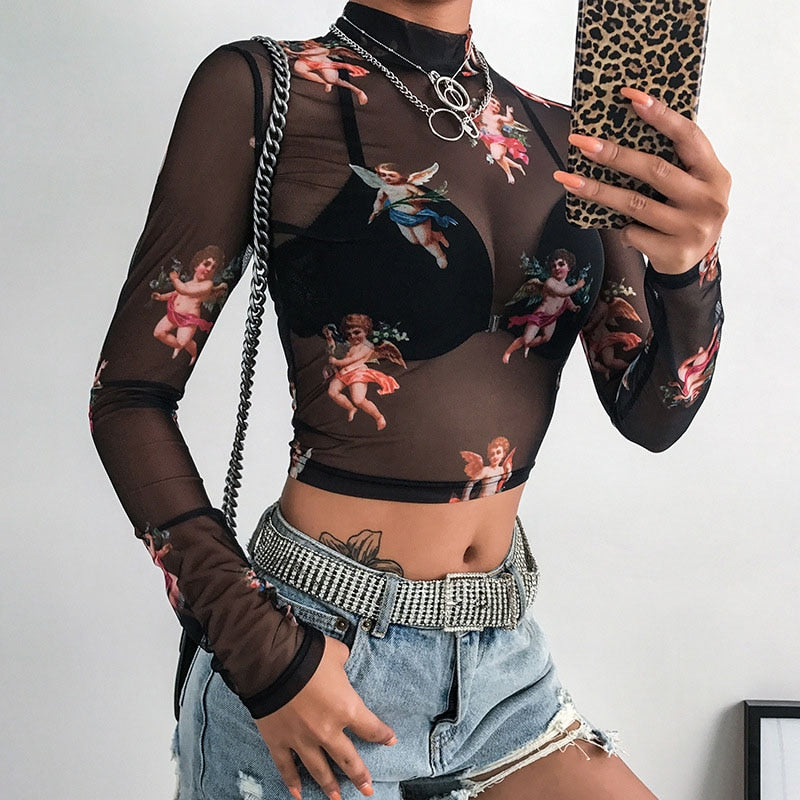 Sexy Women T Shirt See Through Transparent Mesh Tops