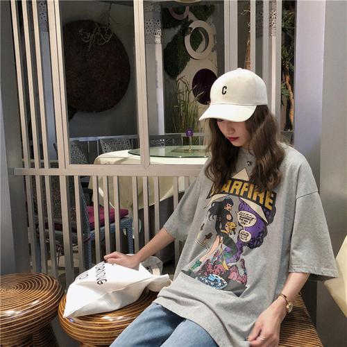 Simple Cartoon Character Printed Casual Vintage Basic All Match Cotton 2019 New Summer Fashion Short Sleeve O-neck T-shirts