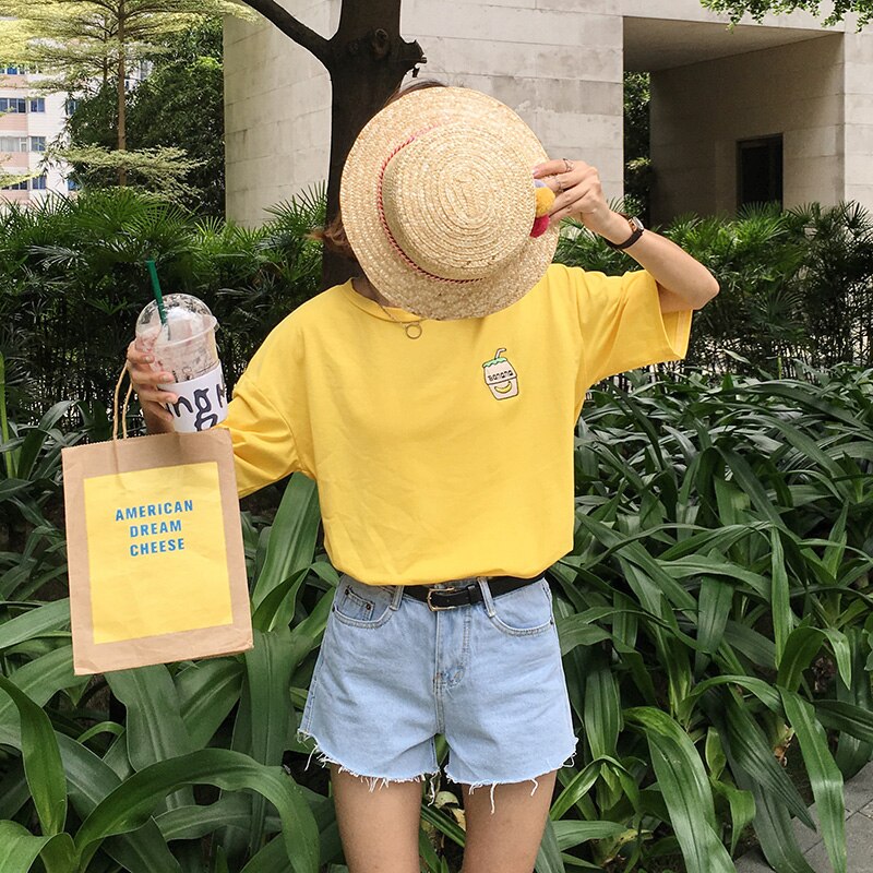 Summer New Cute Banana Milk Embroidered Simple All Match Short Sleeve Female T-shirts